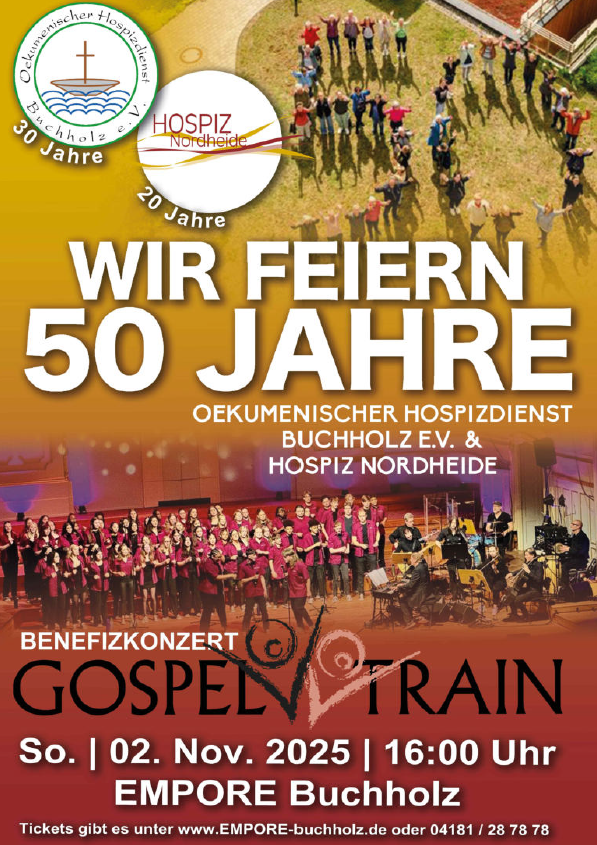 Am 2.11.2025 um 16:00 Uhr findet anlässlich der Jubiläen ein Benefizkonzert mit "Gospel Train" in der Empore statt. Benefizkonzert.png